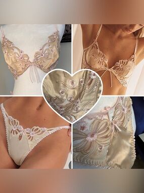 NWT (36D/L) 2PC For Love & Lemons "Flyaway Bows" Bra & Thong, Champagne Satin